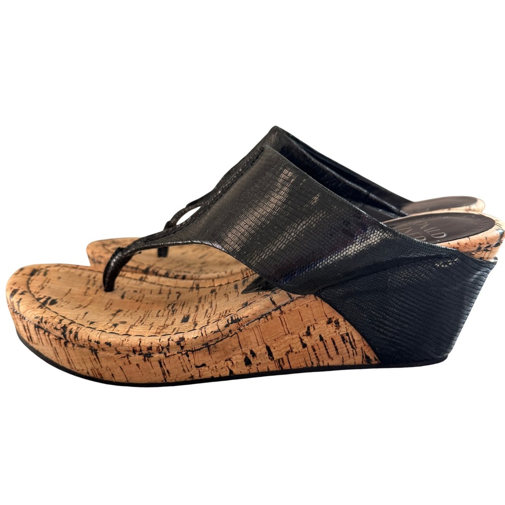 Donald Pliner Wedge Gil Sandals Size 8.5 Black Lizard Embossed Cork Thong